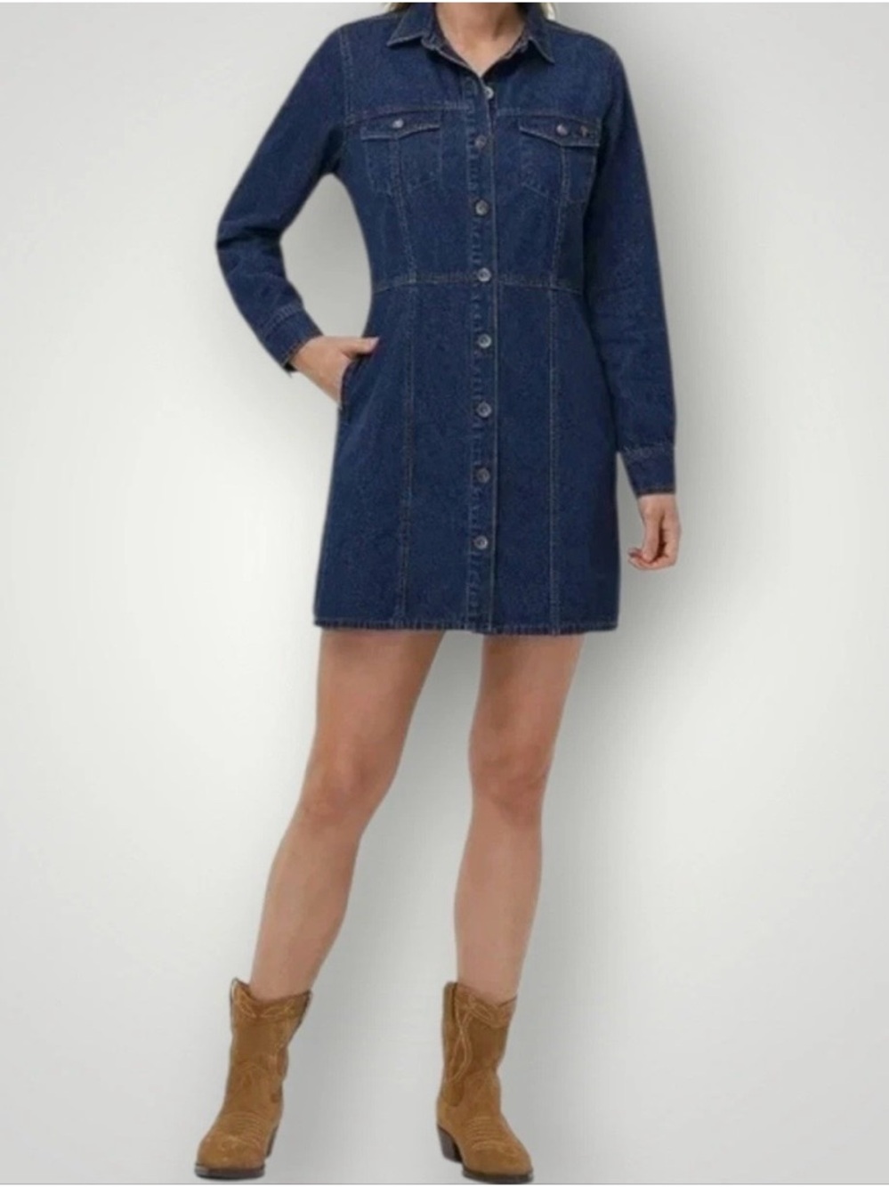 Frye  Denim Shirtdress Dark Wash Long Sleeve Snap Front Dual Pockets Sz M.